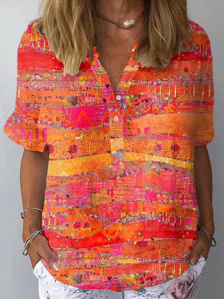 Camisa Casual de Mujer de Algodón con Estampado Artístico Vintage