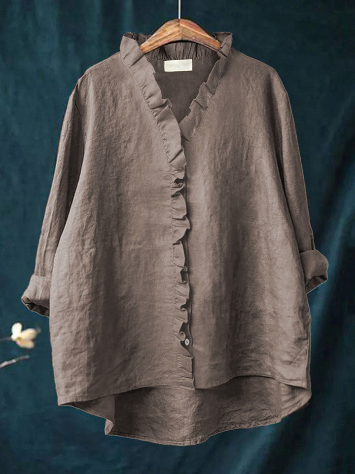 Camisa Casual de Algodón y Lino con Volantes para Mujer