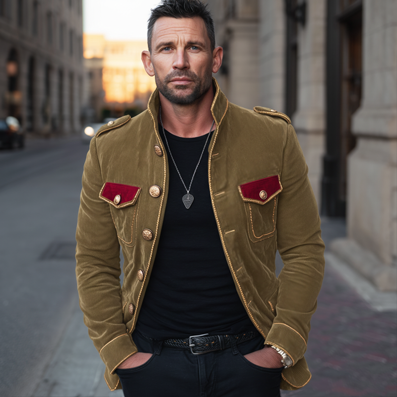 Chaqueta vintage de terciopelo con cuello mao y múltiples botones para hombre