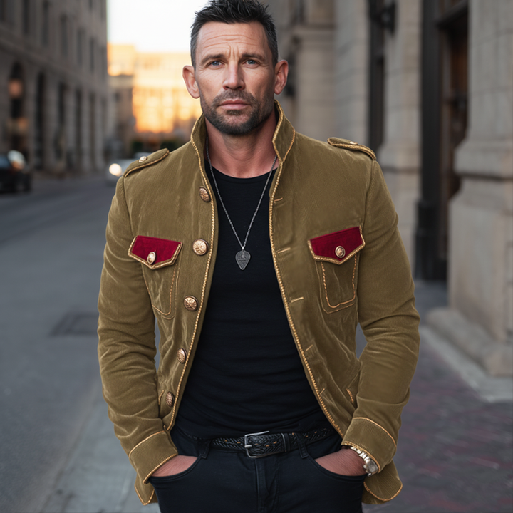 Chaqueta vintage de terciopelo con cuello mao y múltiples botones para hombre