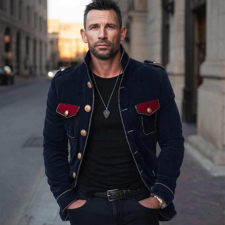Chaqueta vintage de terciopelo con cuello mao y múltiples botones para hombre