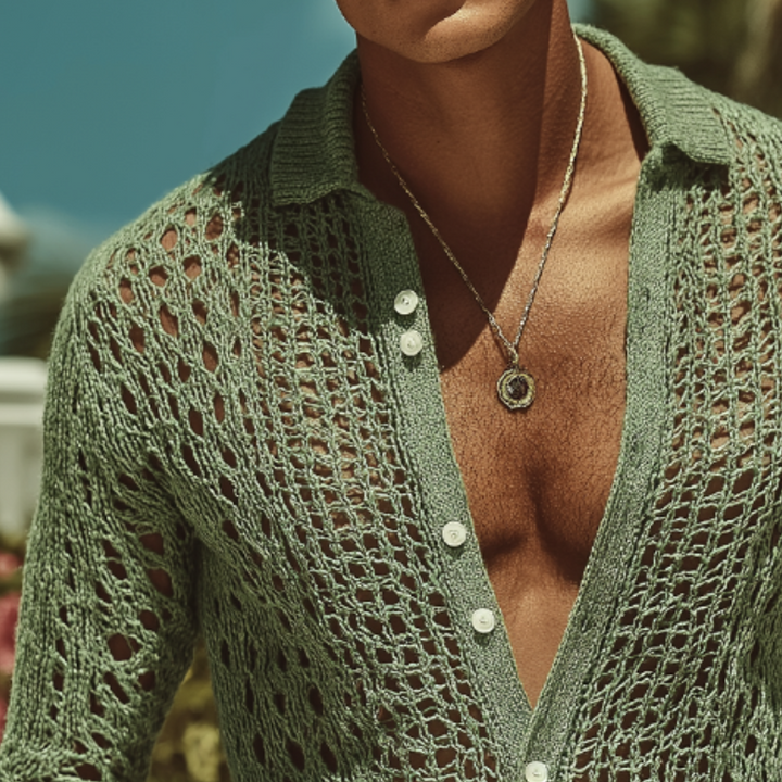 Camisa retro casual de manga larga con cuello de punto hueco para hombre