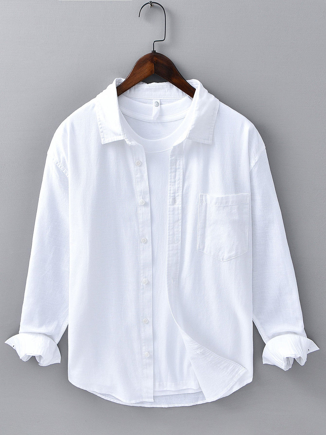 Camisa de manga larga de lino y algodón con bolsillo y pantalón de lino de pierna recta