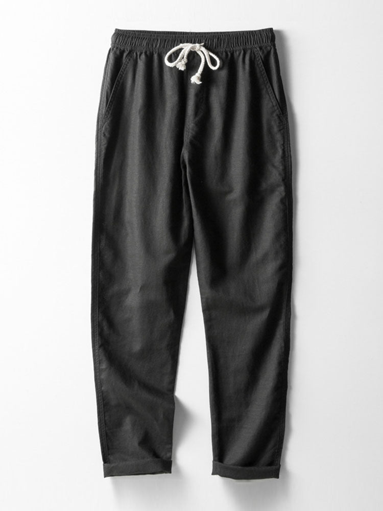 Camisa de manga larga de lino y algodón con bolsillo y pantalón de lino de pierna recta