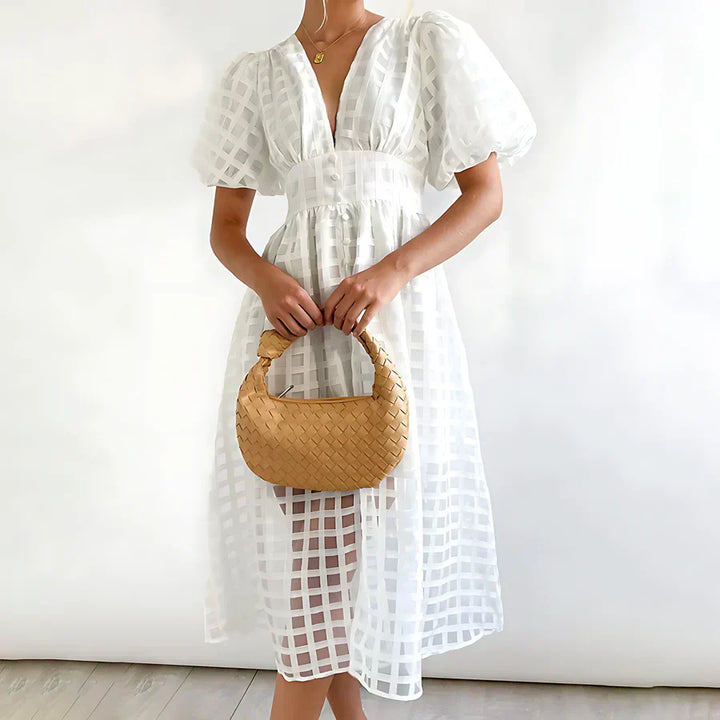 Cindy | Vestido midi clásico con mangas abullonadas
