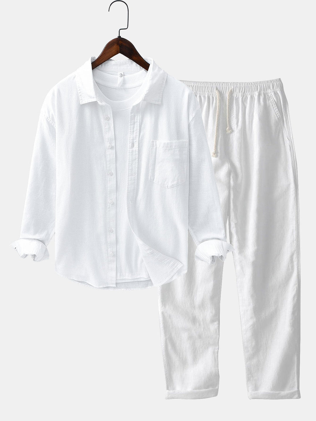 Camisa de manga larga de lino y algodón con bolsillo y pantalón de lino de pierna recta