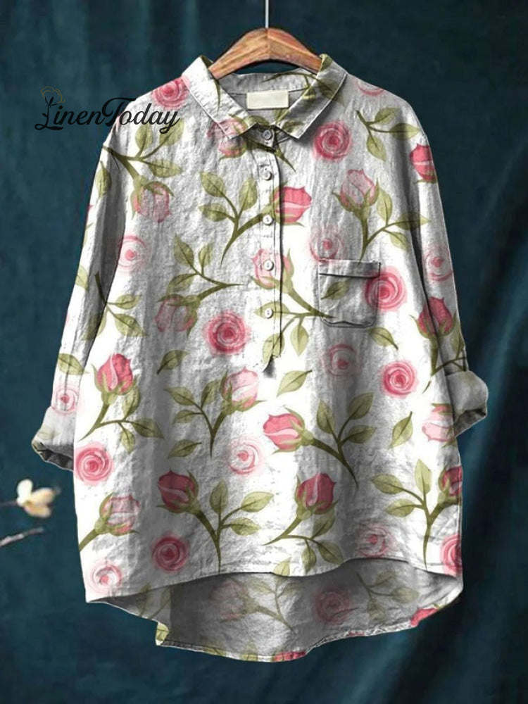 Camisa Casual de Algodón y Lino para Mujer con Estampado de Flores de Rosa
