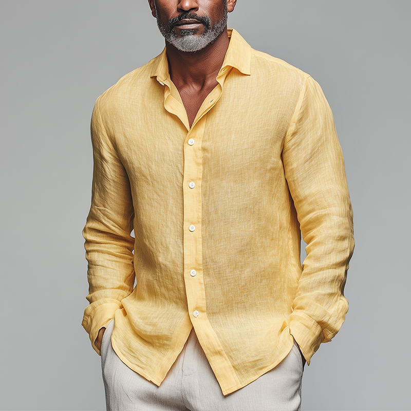 Camisa de lino de verano de manga larga con textura irregular para hombre