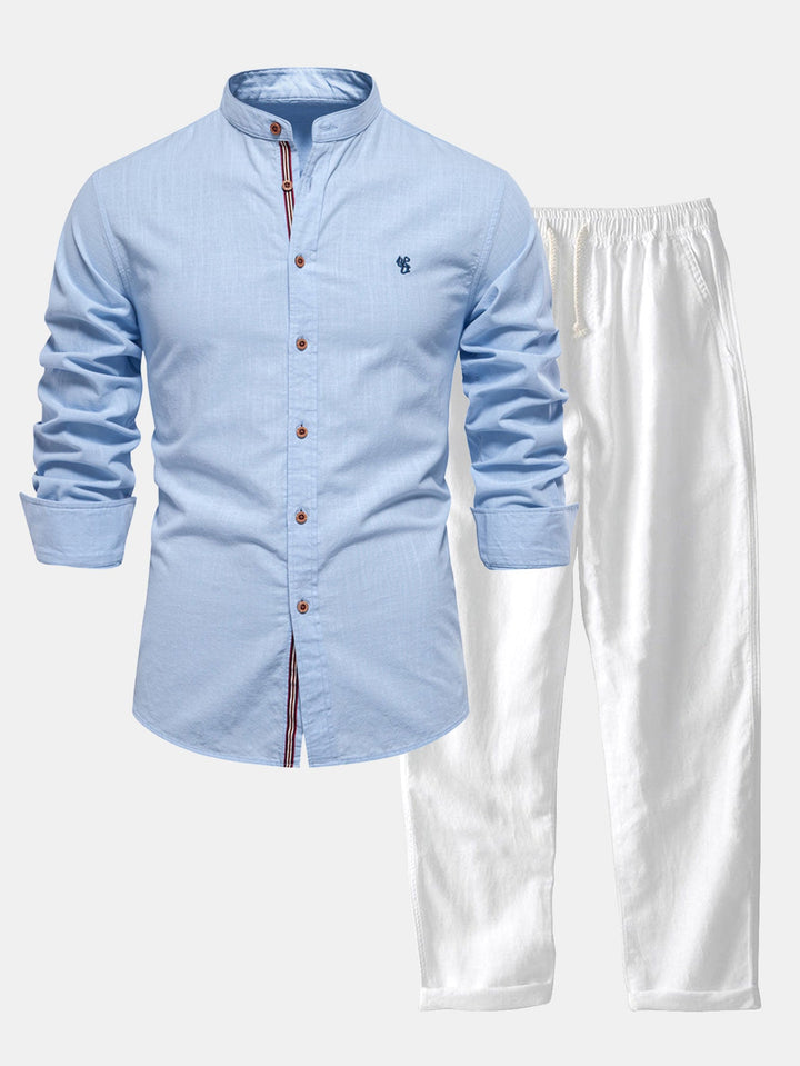 Camisa de Manga Larga con Cuello Mao Estilo Lino