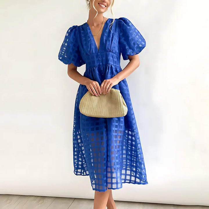 Cindy | Vestido midi clásico con mangas abullonadas