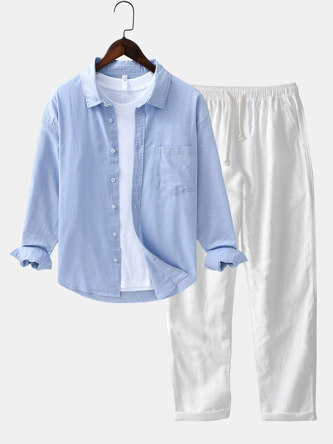 Camisa de manga larga de lino y algodón con bolsillo y pantalón de lino de pierna recta