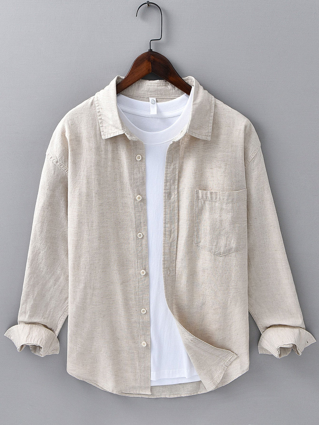 Camisa de manga larga de lino y algodón con bolsillo y pantalón de lino de pierna recta