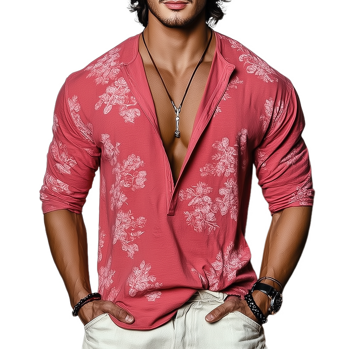 Camiseta de manga larga con cuello Henley y estampado floral para hombre