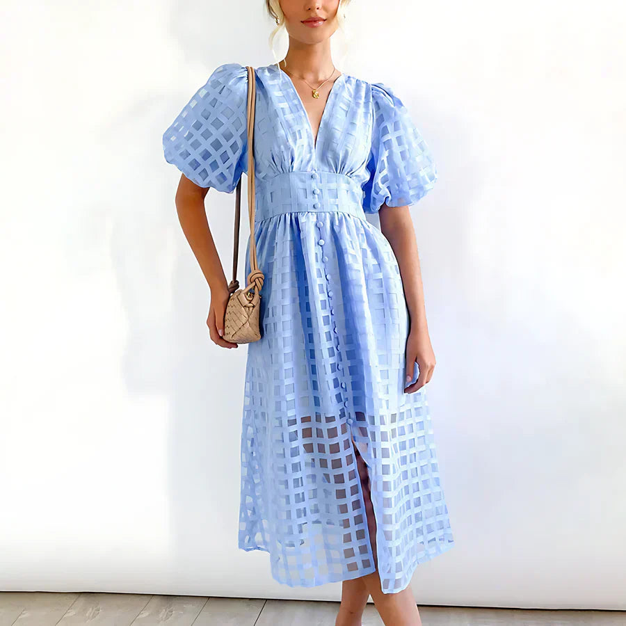 Cindy | Vestido midi clásico con mangas abullonadas