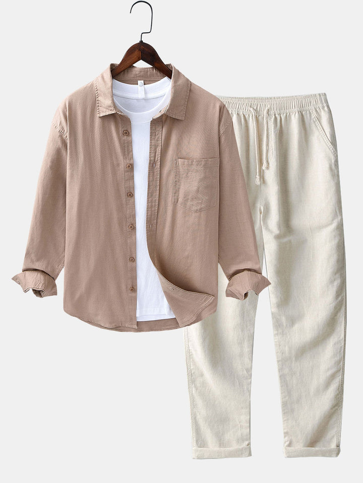 Camisa de manga larga de lino y algodón con bolsillo y pantalón de lino de pierna recta