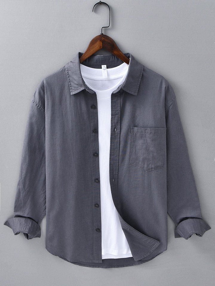 Camisa de manga larga de lino y algodón con bolsillo y pantalón de lino de pierna recta