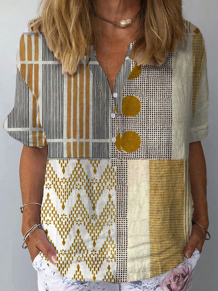 Camisa Vintage de Mujer con Estampado de Geometría Abstracta