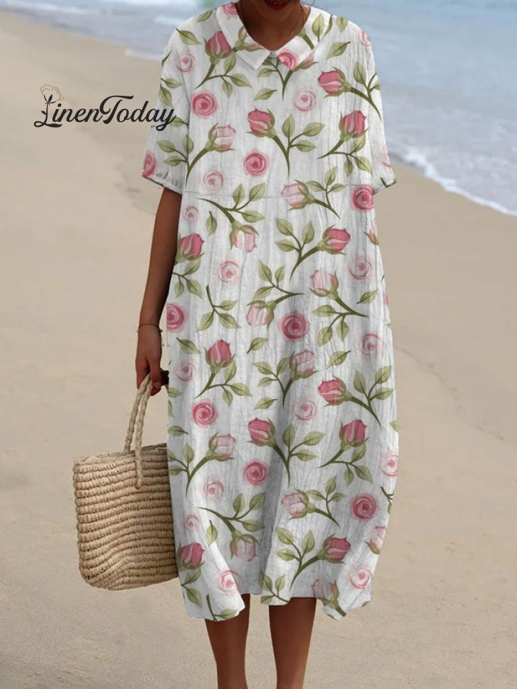 Camisa Casual de Algodón y Lino para Mujer con Estampado de Flores de Rosa