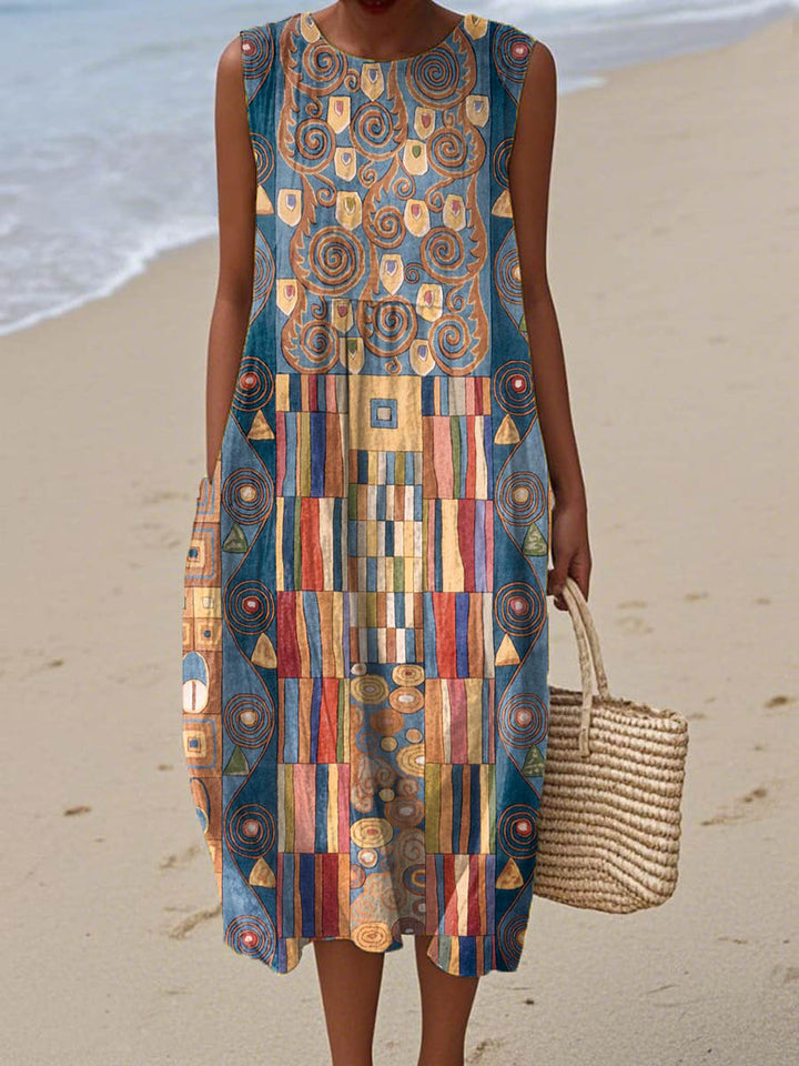 Vestido cruzado sin mangas de algodón para mujer con bolsillo y estampado artístico geométrico abstracto