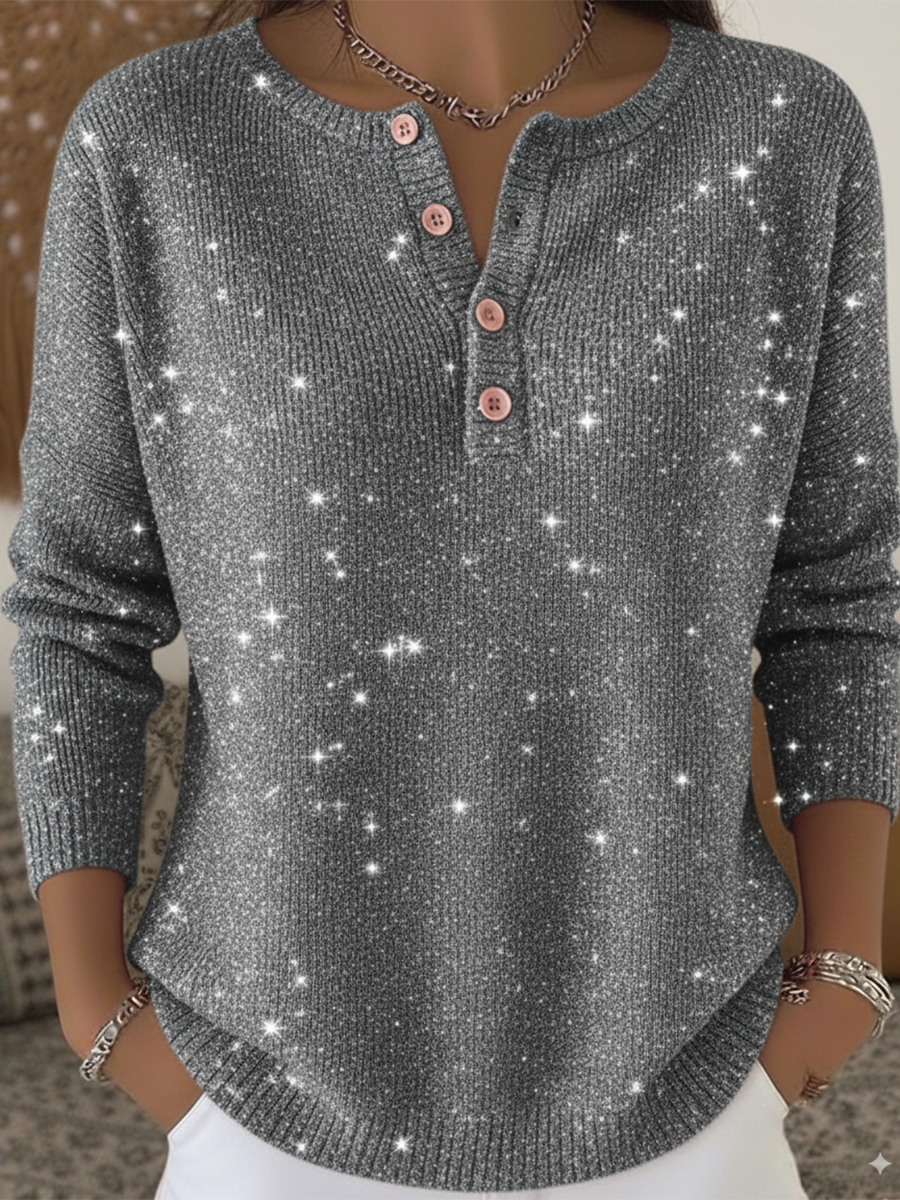 Camiseta de Mujer con Cuello Henley Brillante y Color Sólido