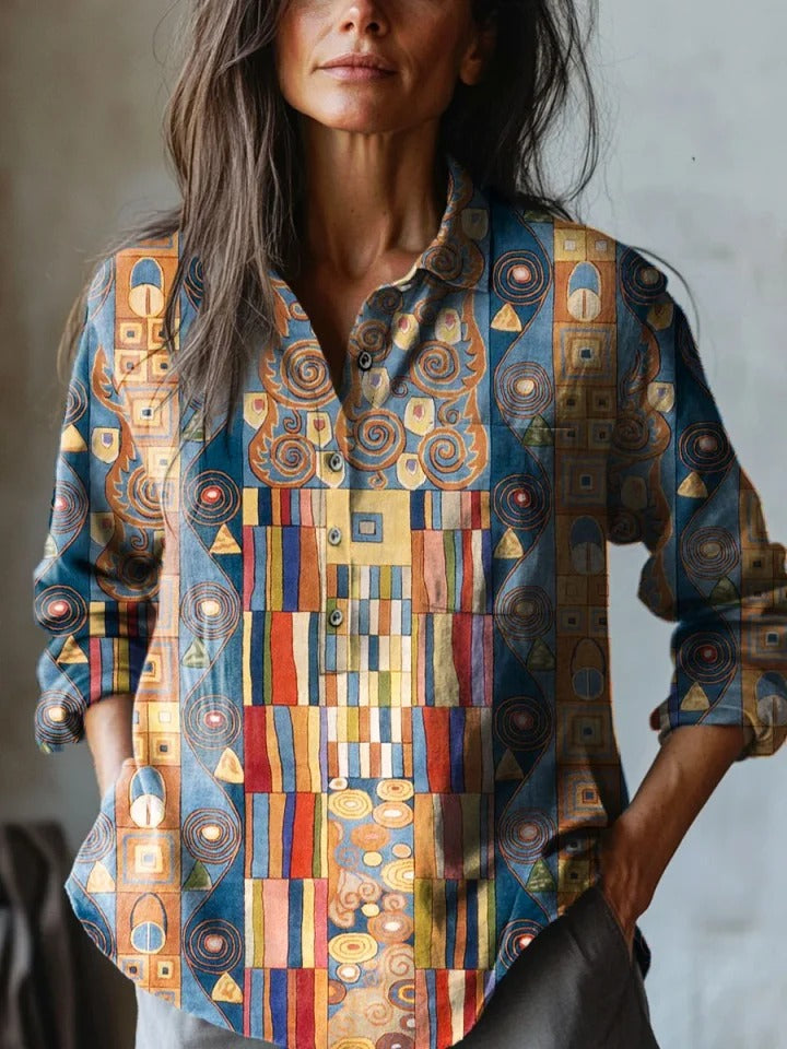 Vestido cruzado sin mangas de algodón para mujer con bolsillo y estampado artístico geométrico abstracto