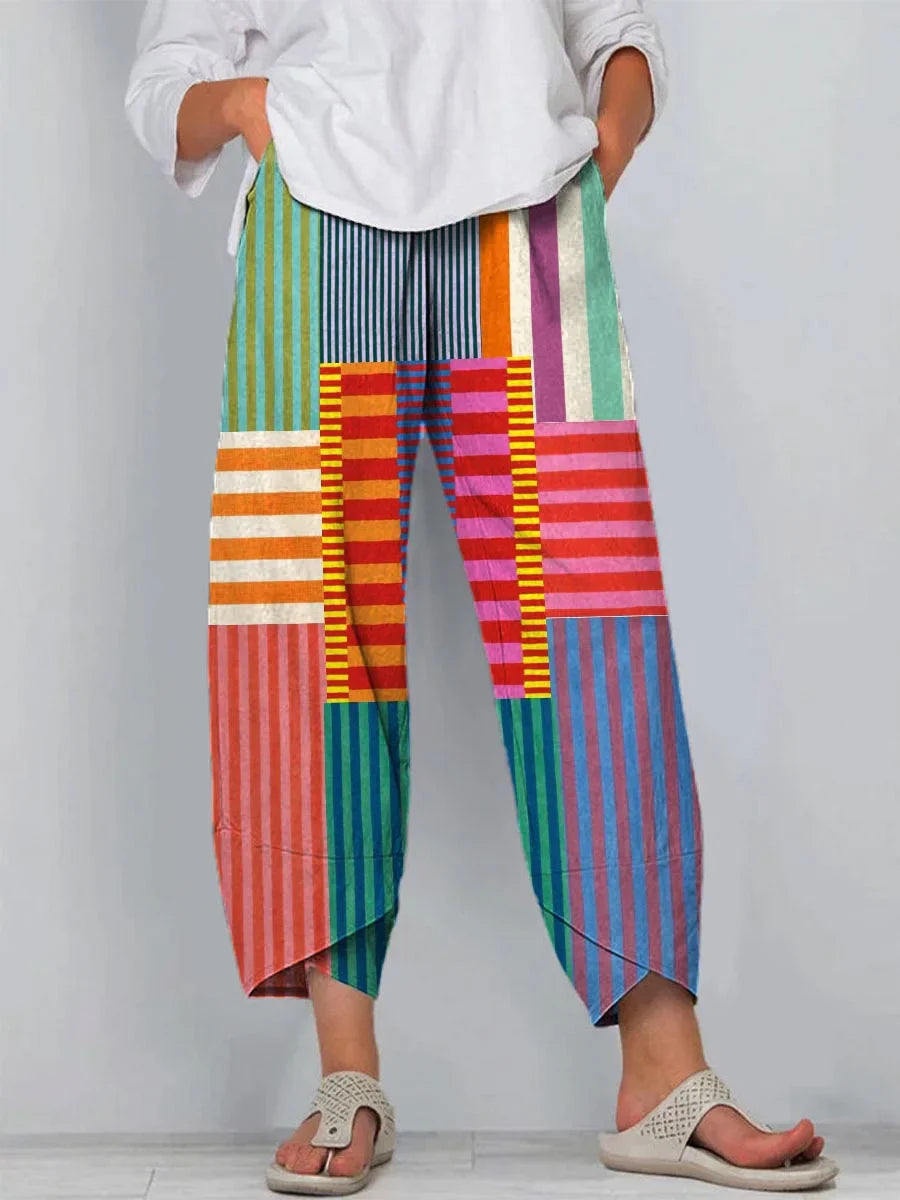 Camisa de Mujer de Algodón y Lino a Rayas y Patchwork Colorido