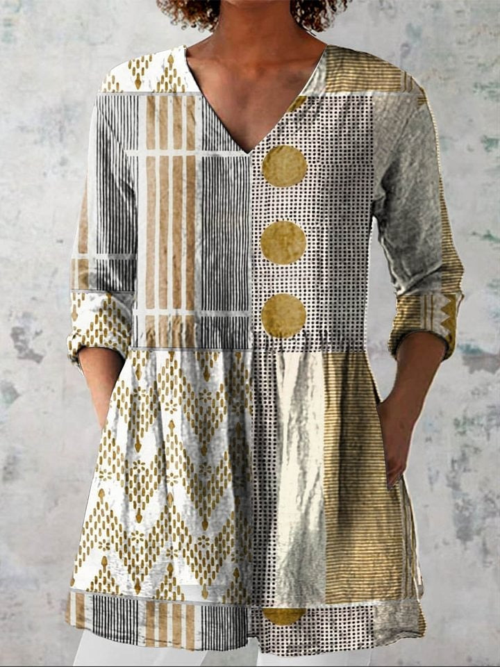 Camisa Vintage de Mujer con Estampado de Geometría Abstracta
