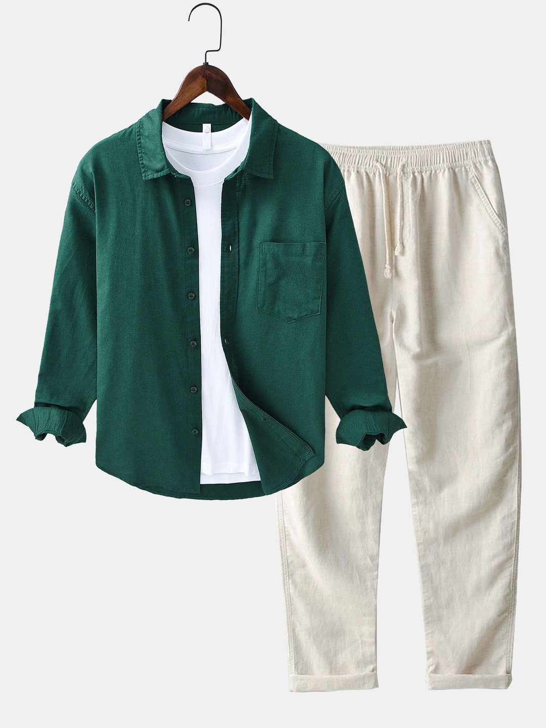 Camisa de manga larga de lino y algodón con bolsillo y pantalón de lino de pierna recta