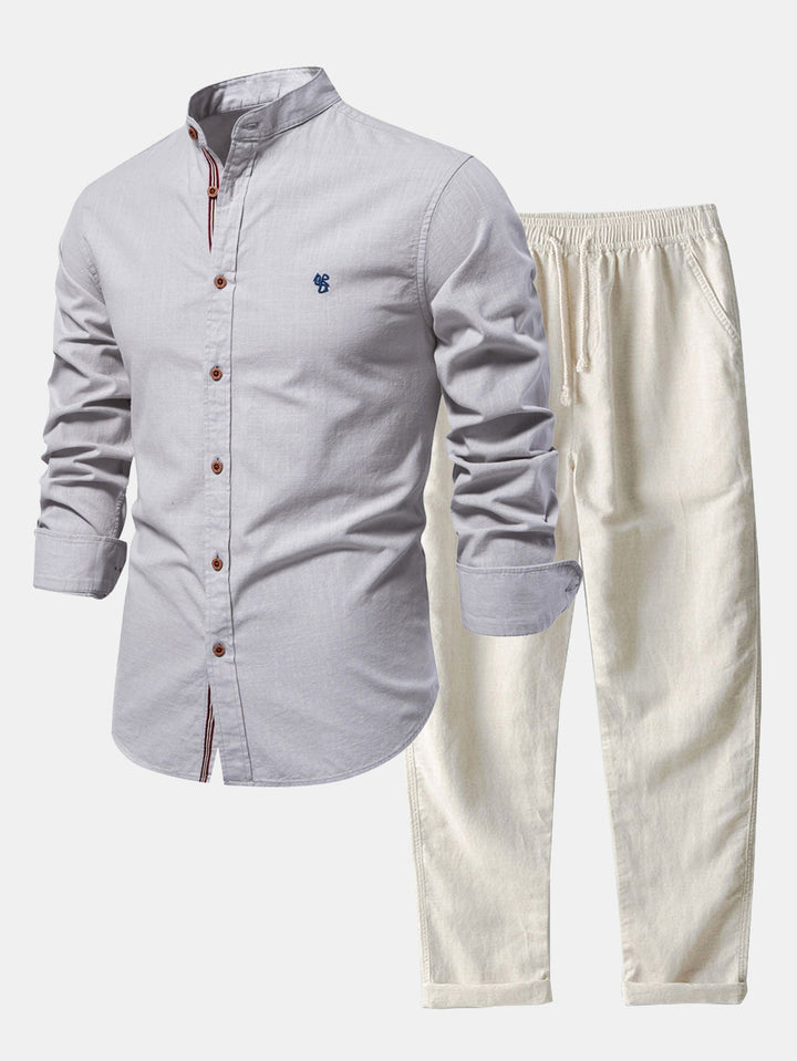 Camisa de Manga Larga con Cuello Mao Estilo Lino