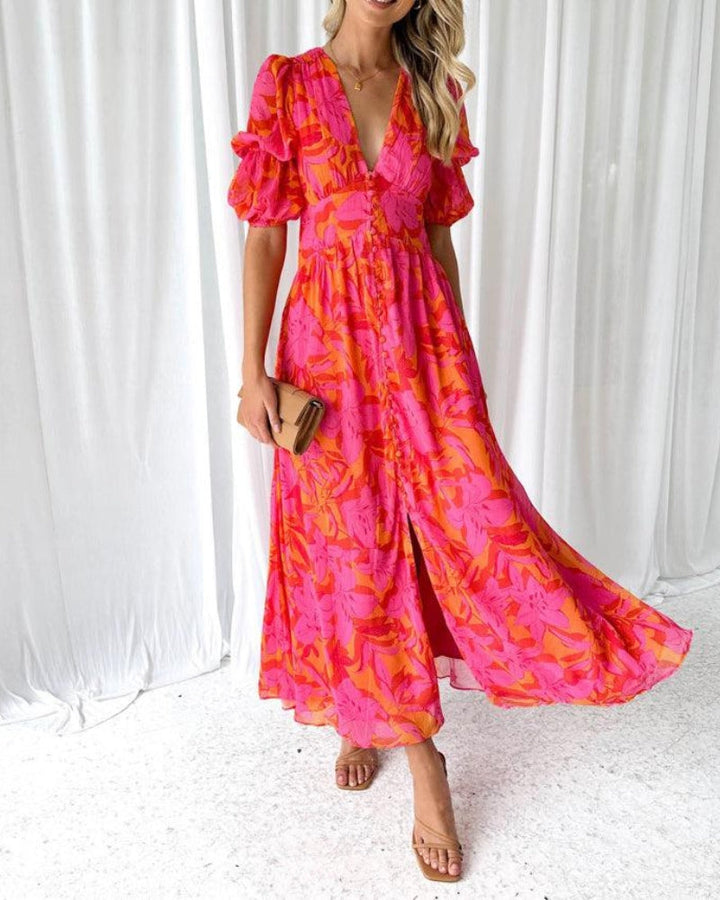 Alva | Vestido maxi con mangas abullonadas