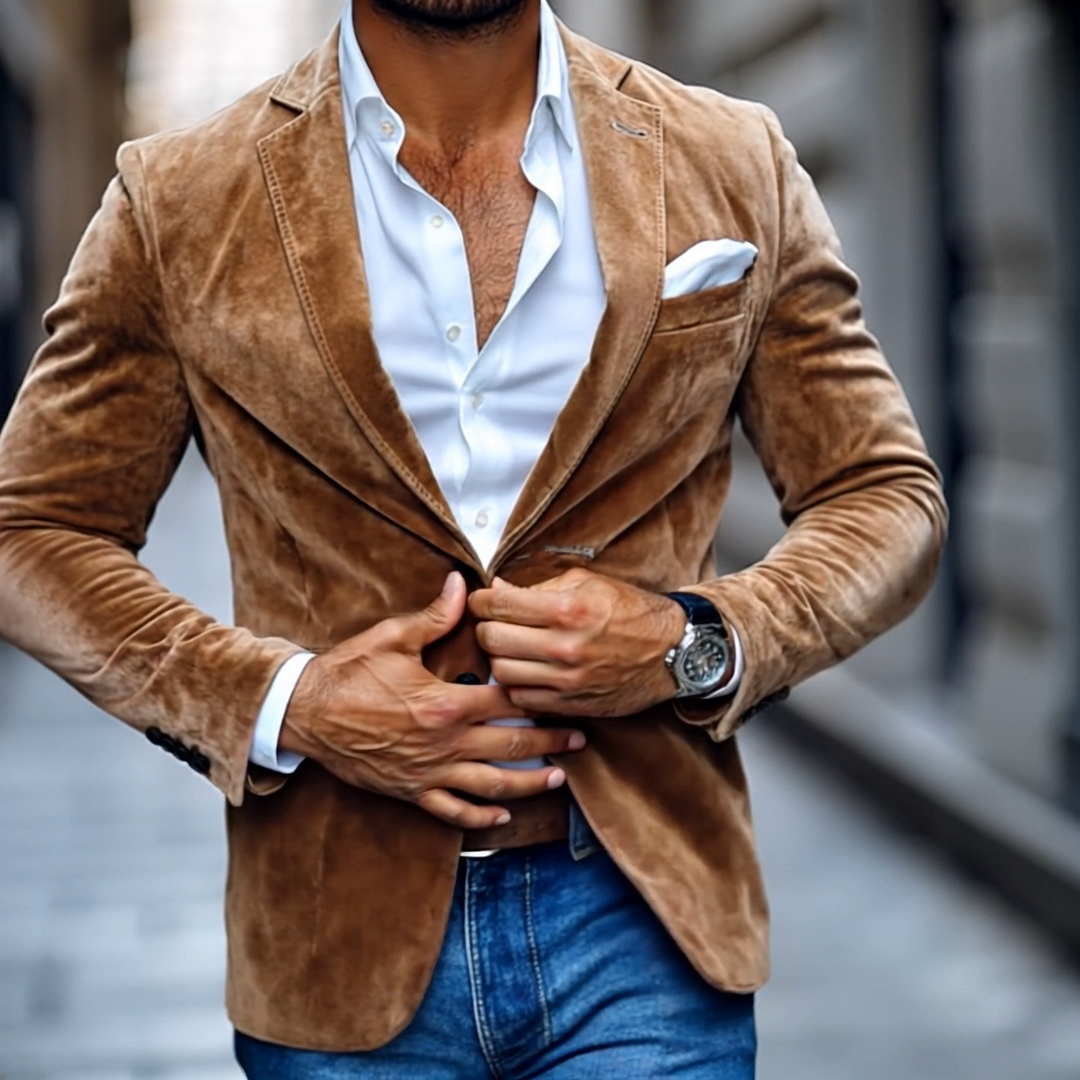 Blazer casual de ante sólido con solapa de muesca y dos botones para hombre