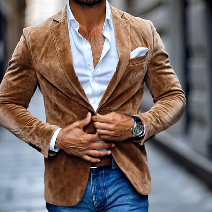 Blazer casual de ante sólido con solapa de muesca y dos botones para hombre