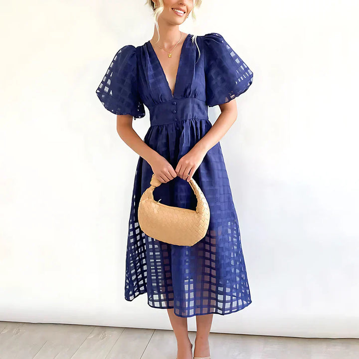 Cindy | Vestido midi clásico con mangas abullonadas