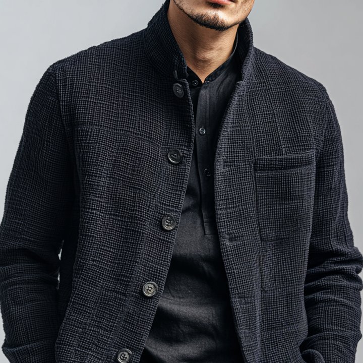 Chaqueta casual de un solo pecho con cuello mao texturizado sólido para hombre