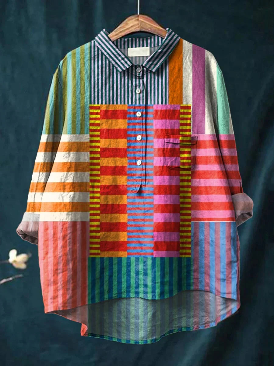 Camisa de Mujer de Algodón y Lino a Rayas y Patchwork Colorido
