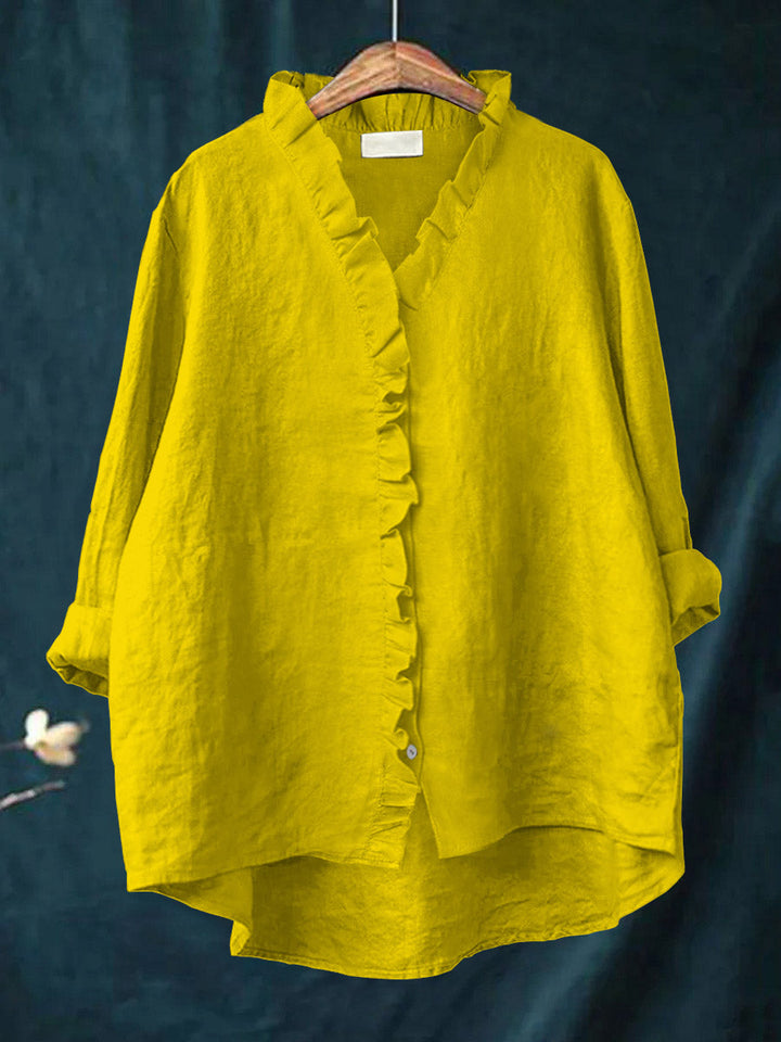 Camisa Casual de Algodón y Lino con Volantes para Mujer