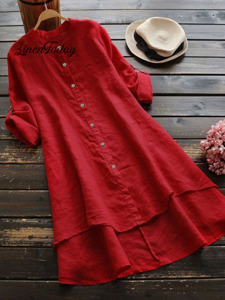 Camisa Holgada de Mujer de Lino y Color Sólido