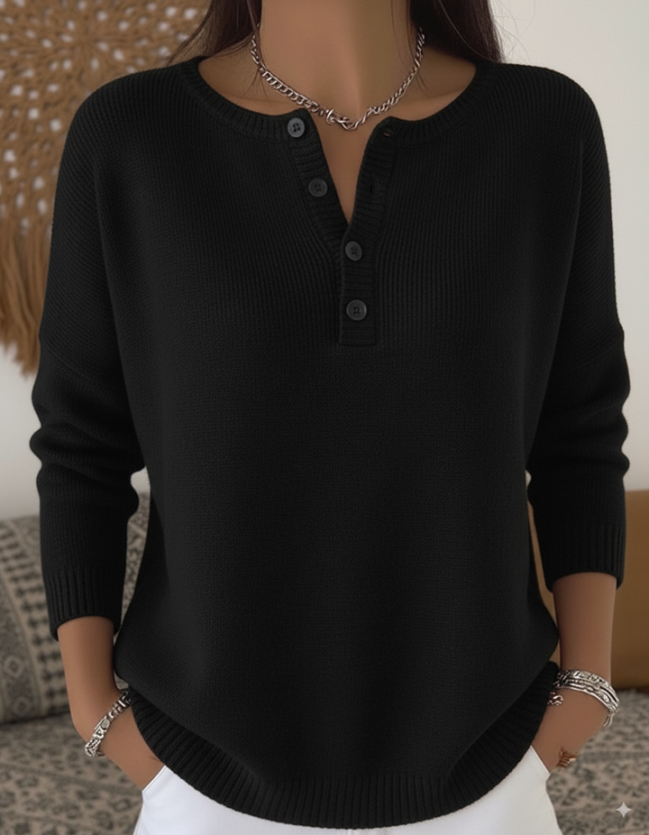 Top de Suéter de Mujer con Cuello Henley y Color Sólido, Suave