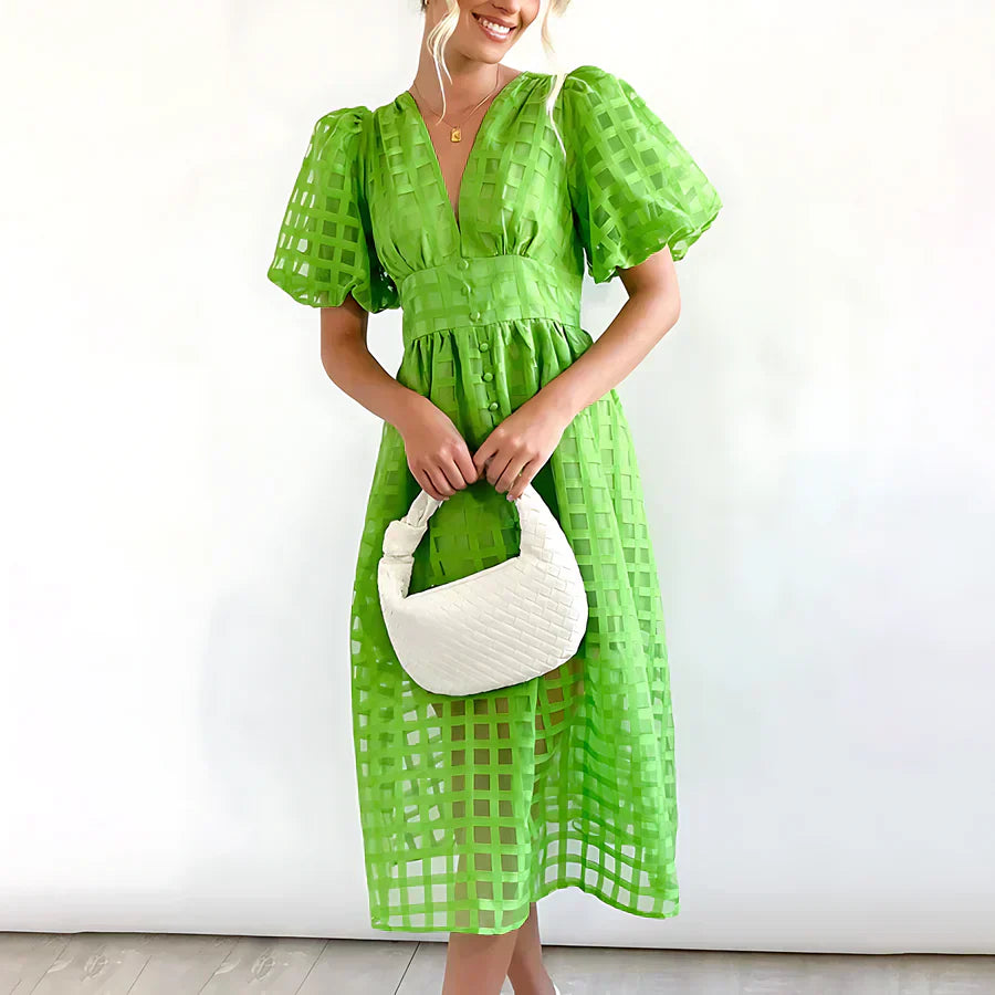 Cindy | Vestido midi clásico con mangas abullonadas