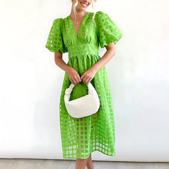Cindy | Vestido midi clásico con mangas abullonadas