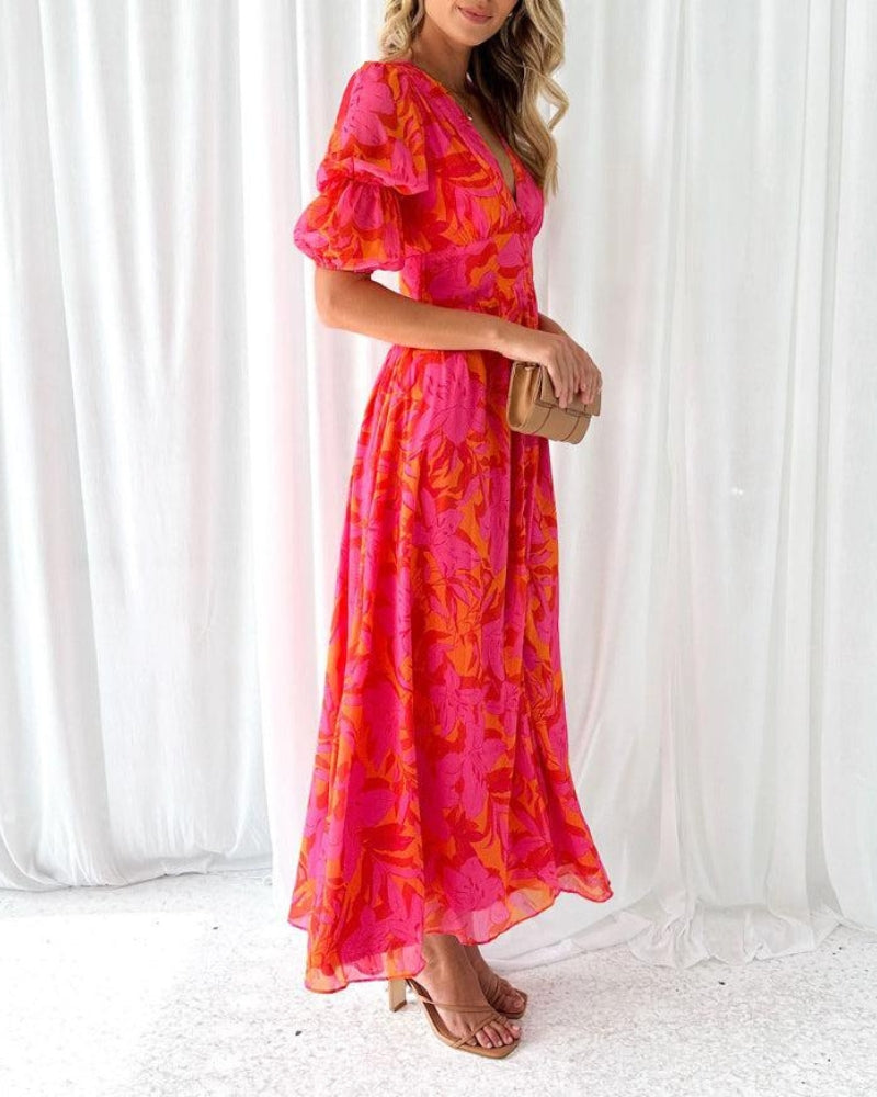 Alva | Vestido maxi con mangas abullonadas