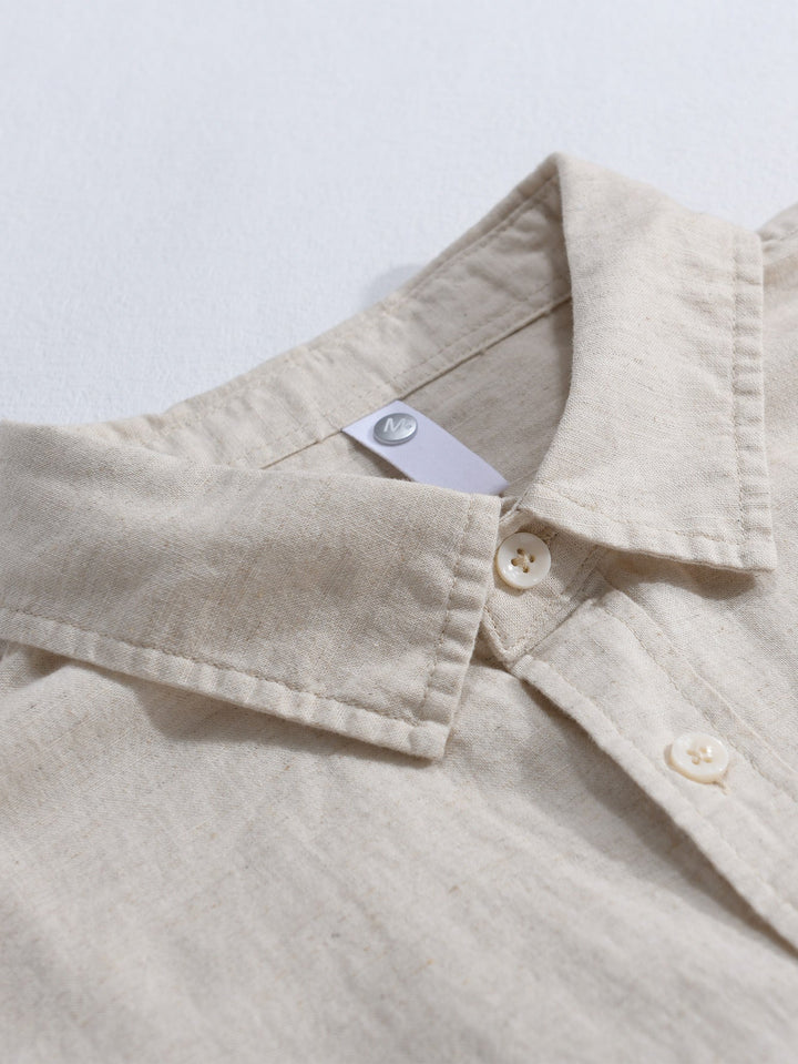 Camisa de manga larga de lino y algodón con bolsillo y pantalón de lino de pierna recta