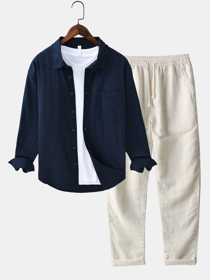 Camisa de manga larga de lino y algodón con bolsillo y pantalón de lino de pierna recta