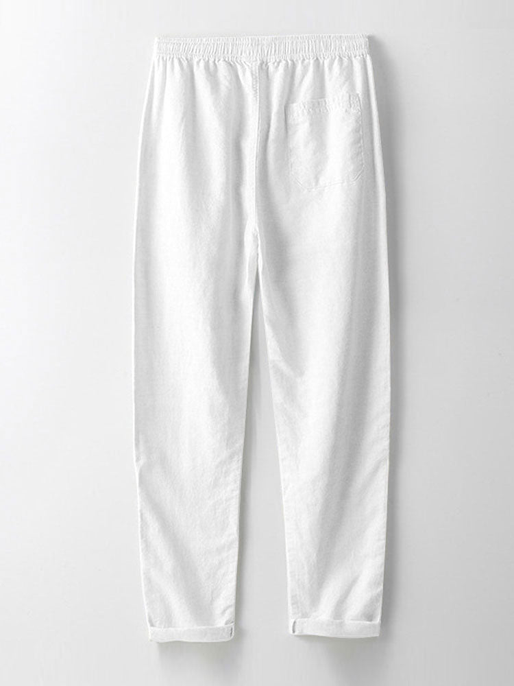 Camisa a Rayas Seersucker con Cuello Alto y Pantalones de Lino de Pierna Recta