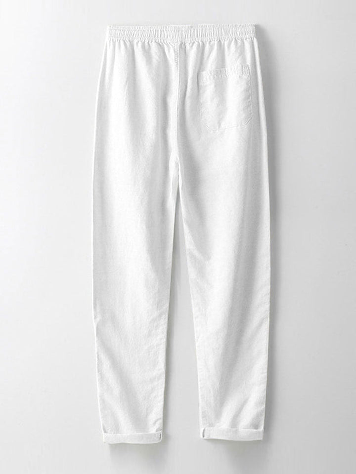Camisa a Rayas Seersucker con Cuello Alto y Pantalones de Lino de Pierna Recta