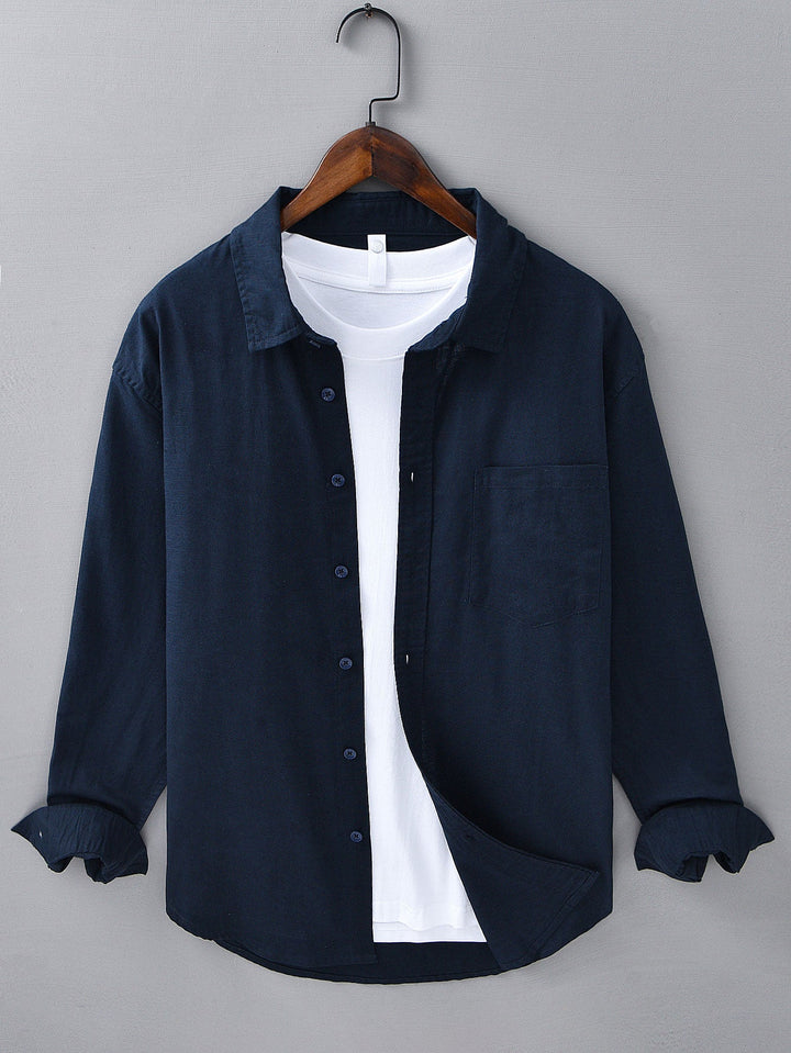 Camisa de manga larga de lino y algodón con bolsillo y pantalón de lino de pierna recta