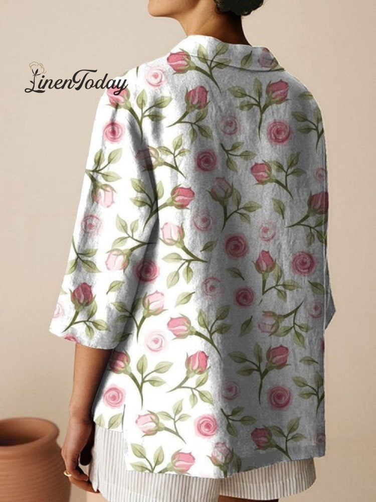 Camisa Casual de Algodón y Lino para Mujer con Estampado de Flores de Rosa