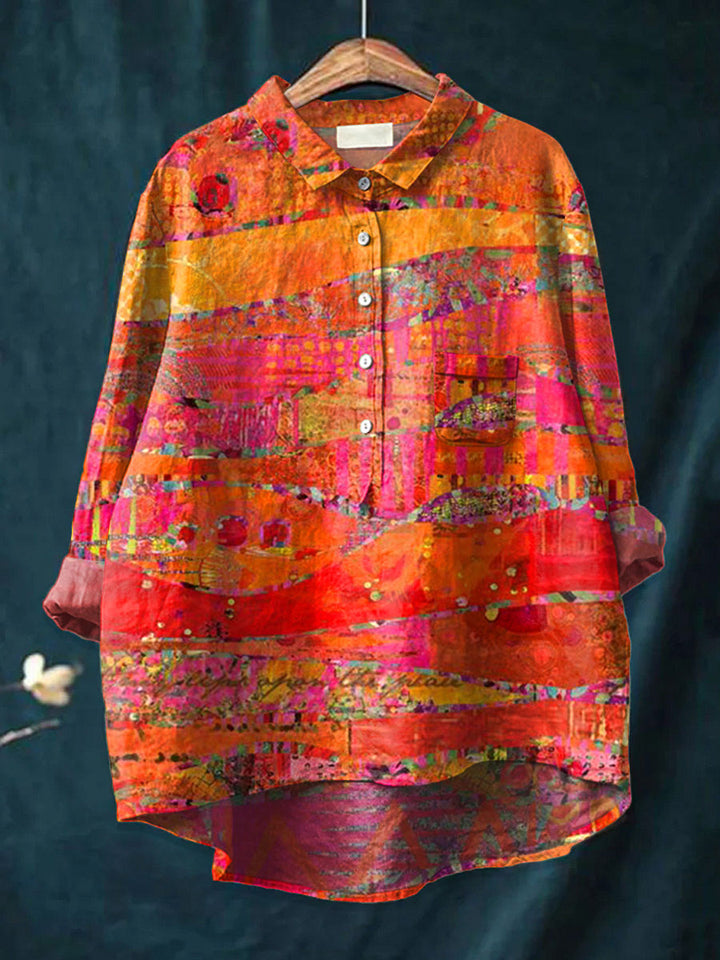 Camisa Casual de Mujer de Algodón con Estampado Artístico Vintage