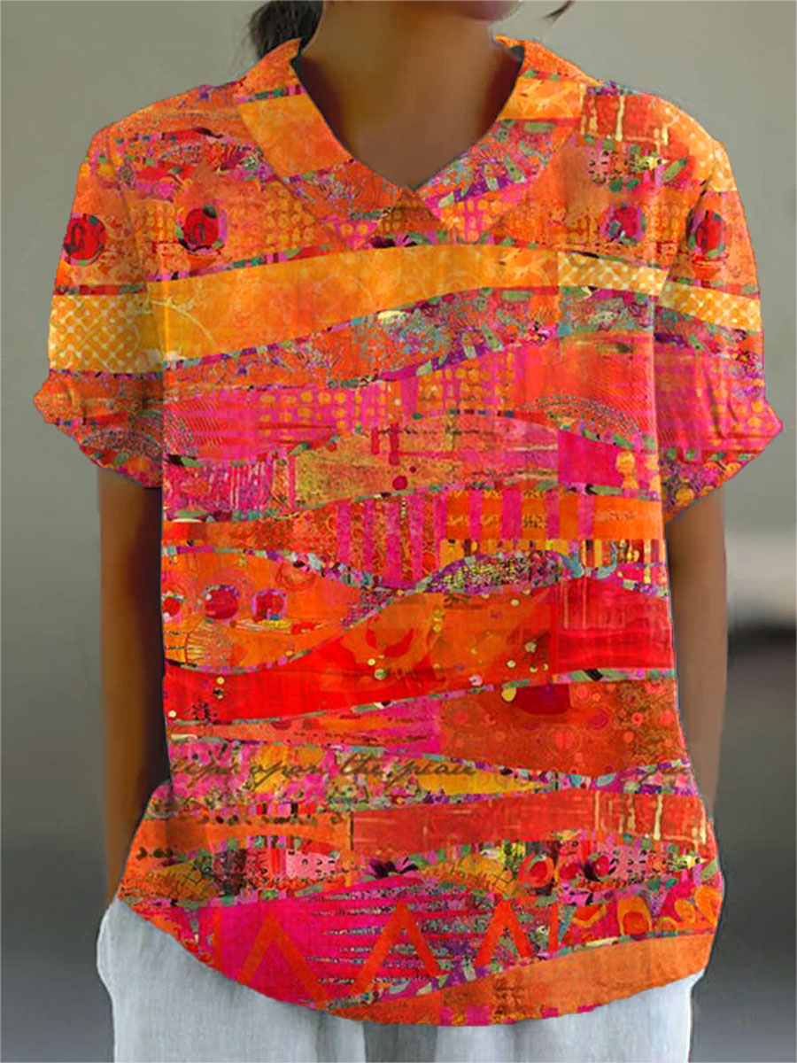 Camisa Casual de Mujer de Algodón con Estampado Artístico Vintage