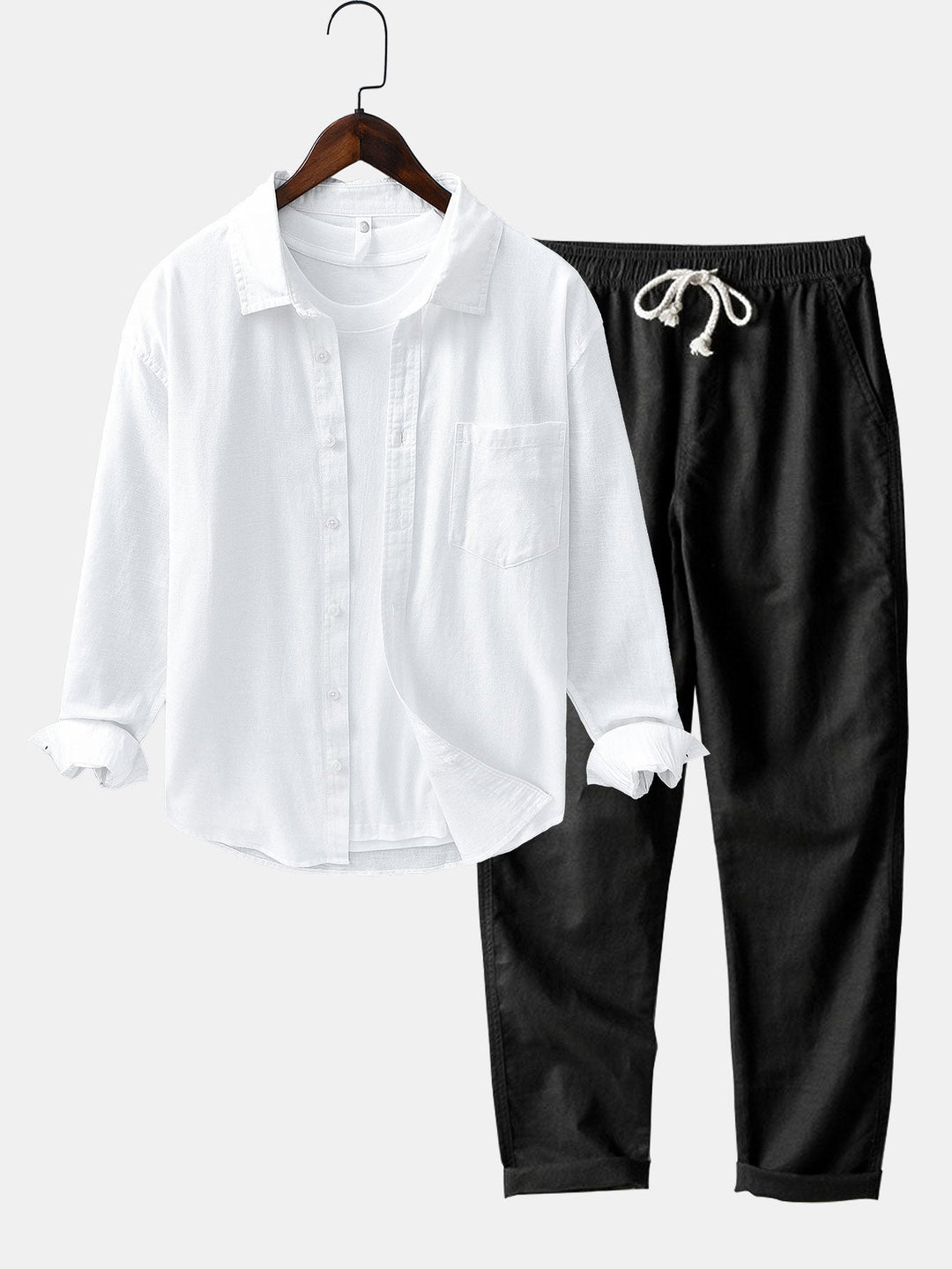 Camisa de manga larga de lino y algodón con bolsillo y pantalón de lino de pierna recta